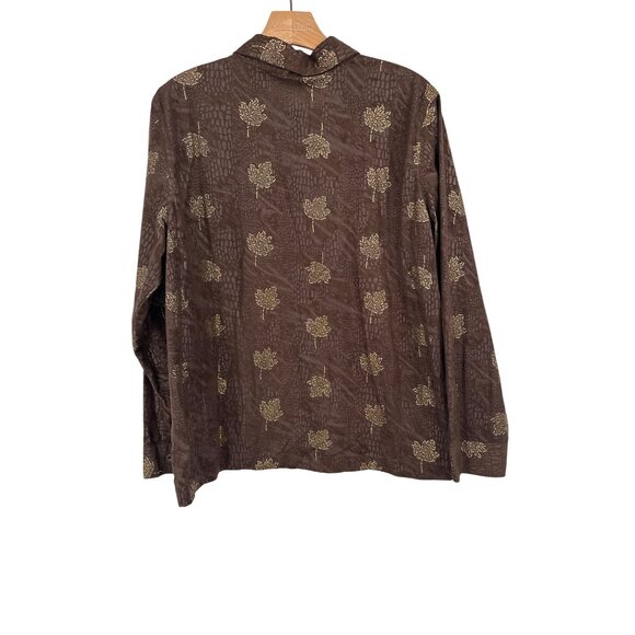 Chicos 3 Womens Brown faux suede animal print gold leaf Button-Up Shirt Size XL - Picture 3 of 3